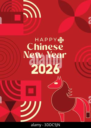 Capodanno cinese del cavallo 2026 illustrazione vettoriale. Traduzione di testo in cinese: "Buon anno". Illustrazione Vettoriale