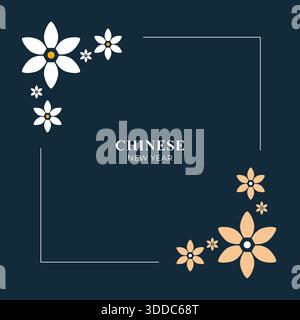 Capodanno cinese con lanterna e fiori su sfondo nero isolato. Icone della decorazione delle festività del Capodanno lunare asiatico. Cultura orientale Illustrazione Vettoriale