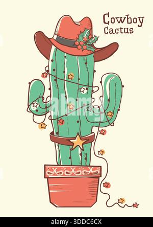 Natale da cowboy con stivaletto da cowboy e luci natalizie decorazioni natalizie su sfondo vintage con texture a poster vecchio. Illustrazione Vettoriale