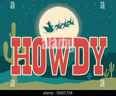 Natale da cowboy con stivaletto da cowboy e luci natalizie decorazioni natalizie su sfondo vintage con texture a poster vecchio. Illustrazione Vettoriale