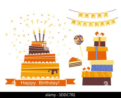 Set di decorazioni per il compleanno con torta dolce con candele. Stile retrò vettoriale isolato su bianco. Taglia file Illustrazione Vettoriale