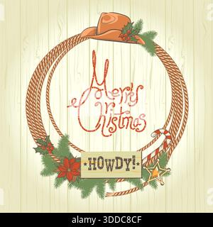 Natale da cowboy con stivaletto da cowboy e luci natalizie decorazioni natalizie su sfondo vintage con texture a poster vecchio. Illustrazione Vettoriale