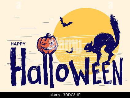 Felice Halloween illustrazione testuale Vector disegnato a mano per il design Illustrazione Vettoriale
