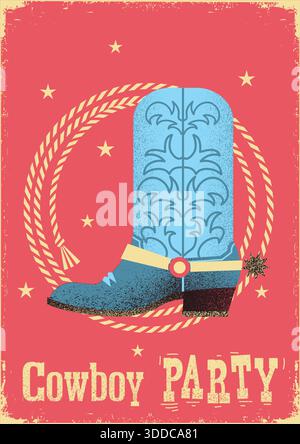 Natale da cowboy con stivaletto da cowboy e luci natalizie decorazioni natalizie su sfondo vintage con texture a poster vecchio. Illustrazione Vettoriale