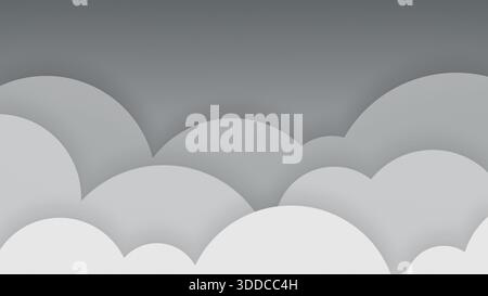 Cielo bianco e nero con grandi nuvole piatte in stile cartone animato con sfumature di colore dal grigio al bianco. Sfondo astratto nuvoloso. Foto Stock