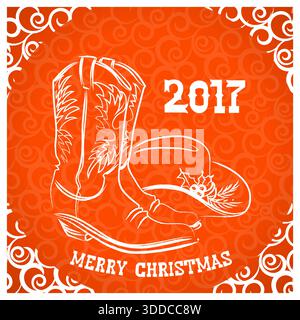 Natale da cowboy con stivaletto da cowboy e luci natalizie decorazioni natalizie su sfondo vintage con texture a poster vecchio. Questo design cattura lo spirito di Illustrazione Vettoriale