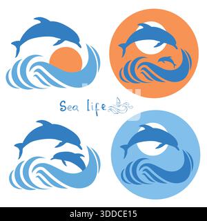 Delfini che saltano tra le onde marine.logo vettoriale isolato su bianco Illustrazione Vettoriale