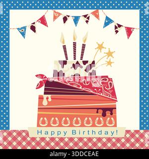 Tessera per la festa dei cowboy con torta di buon compleanno e decorazioni western. Sfondo vettoriale con testo Illustrazione Vettoriale