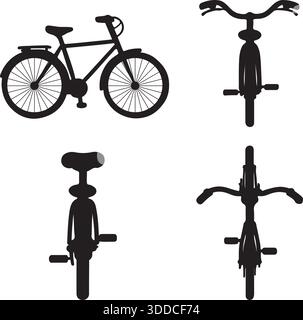 Le icone della silhouette ciclica impostano l'illustrazione grafica vettoriale delle viste laterale, anteriore, posteriore e superiore Illustrazione Vettoriale