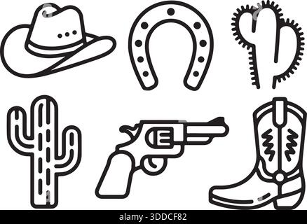 Set di icone artistiche della linea Wild West con cappello da cowboy, ferro di cavallo, cactus, revolver e illustrazione vettoriale Illustrazione Vettoriale