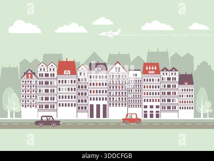 Illustrazione del paesaggio urbano con edifici e cielo.sfondo panoramico per testo o design Illustrazione Vettoriale