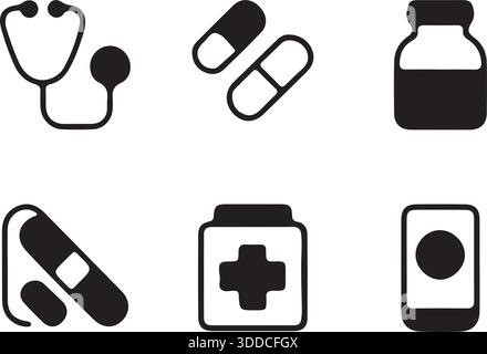 Titolo Medical Healthcare Icon Set silhouette Vector per Hospital e First Aid Design Illustrazione Vettoriale