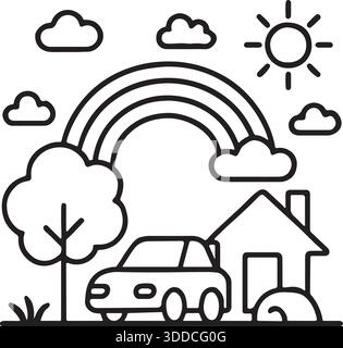 Scena all'aperto con la pagina di colorazione di casa, auto, albero, arcobaleno e sole Illustrazione Vettoriale