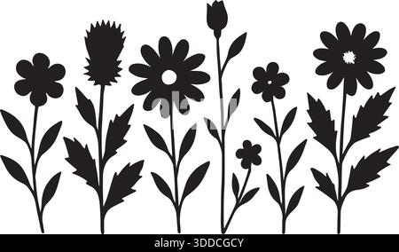 illustrazione della silhouette con una varietà di fiori selvatici Illustrazione Vettoriale