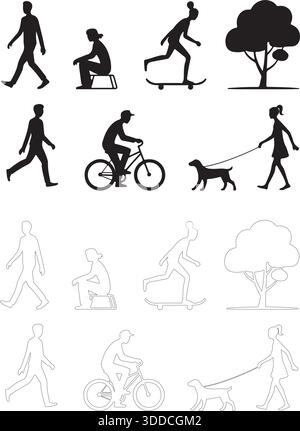 L'attività umana si forma e delinea camminare, sedersi, fare skateboard, andare in bicicletta, passeggiare con i cani con un'illustrazione vettoriale degli alberi Illustrazione Vettoriale