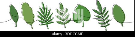 Arte minimalista a linea continua di foglie tropicali verdi assortite. Disegno dei contorni botanici per un design elegante e moderno Illustrazione Vettoriale