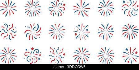Collezione di fuochi d'artificio patriottici in rosso e blu su sfondo bianco Illustrazione Vettoriale