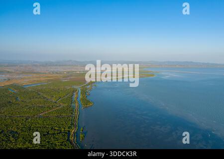 L'ampia vista aerea mostra fitte foreste di mangrovie che confinano con ampie acque mareali lungo la costa vicino a Kampot, Cambogia. La composizione presenta vegetazione lussureggiante, canali tortuosi e colline lontane sotto un cielo azzurro. Foto Stock