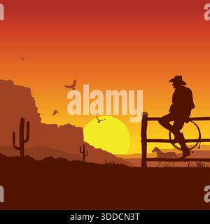 American Cowboy sul selvaggio paesaggio del tramonto del West in serata. Illustrazione vettoriale Illustrazione Vettoriale