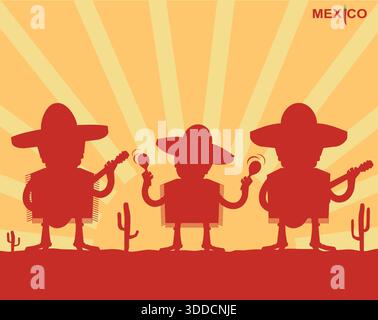 Uomini messicani che suonano strumenti.sfondo rosso silhouette vettoriale Illustrazione Vettoriale