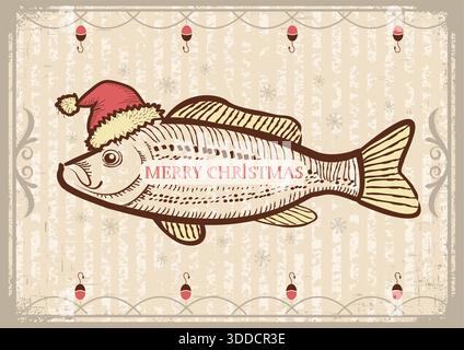 Illustrazione del vettore di pesca natalizio. Simbolo di pesca invernale vettoriale illustrazione disegnata a mano con testo festivo Illustrazione Vettoriale