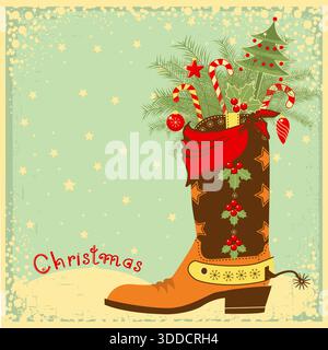 Natale da cowboy con stivaletto da cowboy e luci natalizie decorazioni natalizie su sfondo vintage con texture a poster vecchio. Questo design cattura lo spirito di Illustrazione Vettoriale