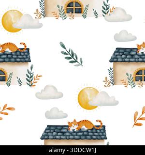 Colorazione ad acquerello allegra e senza cuciture di un gatto dello zenzero addormentato su una casa dal tetto blu, circondata da piante sotto il cielo soleggiato, perfetta per la carta da parati vivaio. Sfondo bianco, disegnato a mano. Foto Stock