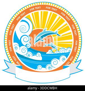 Delfini nelle onde marine.etichetta del paesaggio marino Vector Nature e scorri lo sfondo per il testo Illustrazione Vettoriale