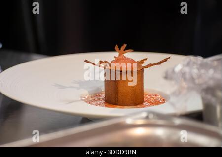 Evento speciale di degustazione per i visitatori, abbinamento di cibo con un bicchiere di champagne, deliziosi piatti preparati da rinomati cuochi a cibo invernale e. Foto Stock