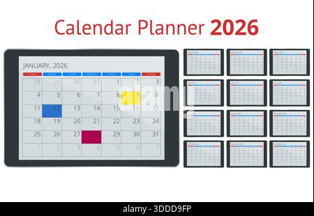 Calendario per il 2026. 2026 progettazione del calendario, insieme di 12 mesi. Elegante layout di pianificazione annuale per aziende, documenti aziendali, report e modernità Illustrazione Vettoriale