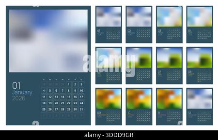 Calendario per il 2026. 2026 progettazione del calendario, insieme di 12 mesi. Elegante layout di pianificazione annuale per aziende, documenti aziendali, report e modernità Illustrazione Vettoriale