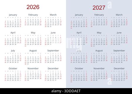 Calendario per il 2026 e il 2027. Layout di calendario annuale con 12 mesi per ogni anno. Modello di pianificazione professionale per aziende, uffici, aziende Illustrazione Vettoriale