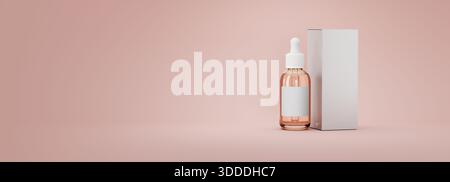 Flacone e scatola per la cura della pelle per siero cosmetico su sfondo rosa tenue con spazio di copia. Acido ialuronico, prodotti cosmetici a base di siero organico con peptide ed empt Foto Stock