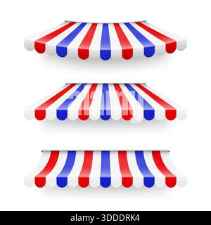 Scopri la tendina parasole. Tende da caffè a righe realistiche. Tenda all'aperto del mercato. Tettoia del tetto in colori bandiera francese. Negozio estivo. Illustrazione vettoriale. Illustrazione Vettoriale