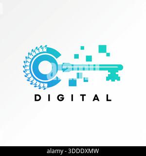 Carattere C iniziale con chiave a dorso e lucchetto con simbolo quadrato tecnologia, logo app per la privacy digitale, design grafico, concept creativo, immagine vettoriale di alta qualità, top sell Illustrazione Vettoriale