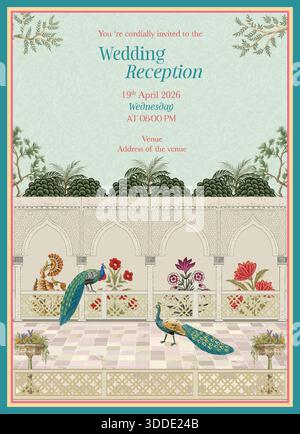Tradizionale ricevimento di nozze Indiano invito Card Design. Matrimonio Rajasthani Jaipuri, archi, pavoni e alberi tropicali. Illustrazione vettoriale. Illustrazione Vettoriale