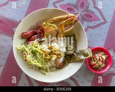 Un piatto di Nasi Campur, un pasto completo in stile malese con diversi tipi di contorni. Foto Stock