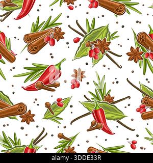 Spices Vector Seamless Pattern, sfondo decorativo con illustrazioni di spezie aromatiche fresche e condimento secco per biancheria da letto, copertura quadrata con gruppo Illustrazione Vettoriale