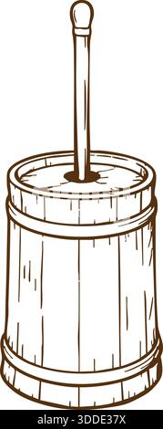Tradizionale churn di burro di legno con manico verticale. Illustrazione Vettoriale