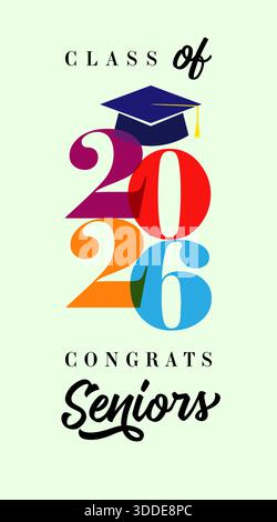 Classe di 2026 congratulazioni. Banner scolastico. Design verticale con elementi neri e colorati. Congratulazioni anziani Illustrazione Vettoriale