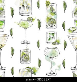 Cocktail in vetro trasparente o bevande alcoliche con menta, lime, foglie di oliva con motivo a inchiostro acquerello senza cuciture. Perfetto per il bar estivo Foto Stock
