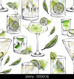 Acquerello e inchiostro motivo senza cuciture di cocktail limpidi e verdi con menta, lime e vetro scintillante, guarnizione di oliva. Martini, mano di caipirinha Foto Stock