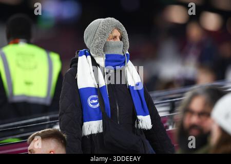 Londra, Regno Unito. 30 dicembre 2025. Un tifoso di Brighton & Hove Albion guarda durante la partita West Ham United contro Brighton & Hove Albion Premier League al London Stadium, Londra, Inghilterra il 30 dicembre 2025 Credit: Sally Rawlins/Every Second Media Credit: Every Second Media/Alamy Live News Foto Stock