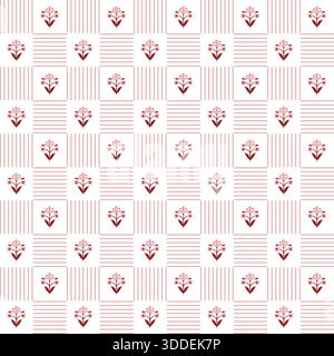 Stampa a blocchi di fiori su sfondo rosa con fiori di prato. Cascina romantica sullo sfondo e motivi floreali in stile grandmillenario Illustrazione Vettoriale