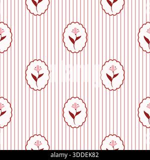 Rustico e romantico prato con fiori rosa e motivo Vector a righe rosse senza cuciture. Stampa Cottagecore Garden Flowers Illustrazione Vettoriale