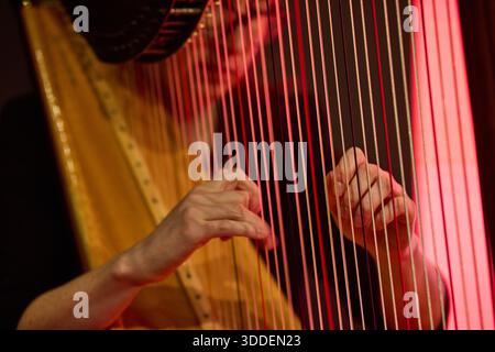 Arpista che si esibisce sul palco Foto Stock