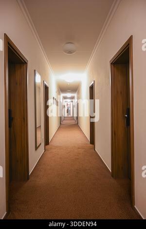 Corridoio dell'hotel vuoto che mostra molte porte in legno e plafoniere illuminate. Foto Stock
