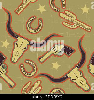 Illustrazione vettoriale con motivo western senza cuciture cowboy con stivali da cowboy, cappello da cowboy, cactus e decorazioni in mucca kull Illustrazione Vettoriale