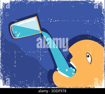 Uomo che beve un bicchiere d'acqua. Poster a grunge vettoriale sulla vecchia grana della carta Illustrazione Vettoriale