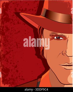 Illustrazione del vettore della mascotte cowboy disegnata a mano. Modello di illustrazione vettoriale della testa di cowboy per badge, emblema e stampa. Poster WESTERN vintage Illustrazione Vettoriale